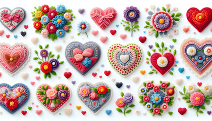 Fototapeta premium Set of seamless hearts and flowers pattern on abstract background, valentine's day decorative elements, graphic design illustration