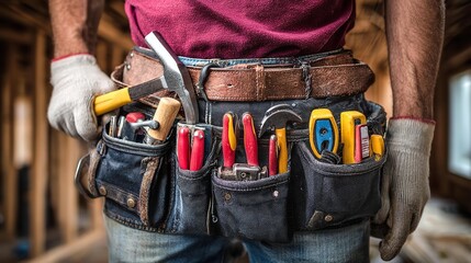 Construction worker wears tool belt full of instruments.