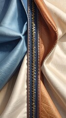 A close-up of a zipper between folded leather and cloth, in blues, browns, and cream. Strong shadow highlights texture