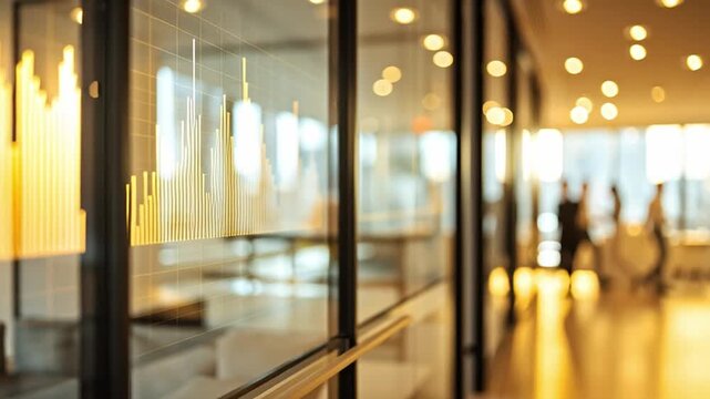 In a modern office environment, business professionals discuss marketing strategies while looking at a data visualization display on the glass wall. Natural light enters through the windows.