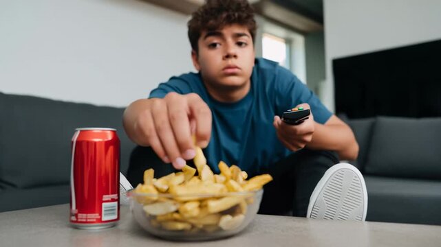 Teenage boy eating junk food on the couch. Watching TV with french fries and soda. Unhealthy and sedentary lifestyle concept