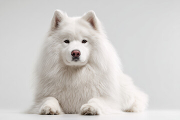 White fluffy dog sitting on a plain background