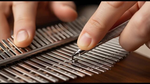 Close up of hands playing kalimba musical instrument with metal tines