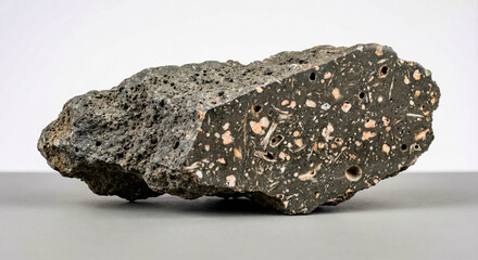 A collectible geological specimen of porous zeolitized volcanic tuff from Iceland containing white acicular crystals and amygdaloidal mineral fillings.