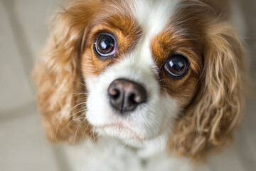 Close-up of a brown and white dog with expressive eyes