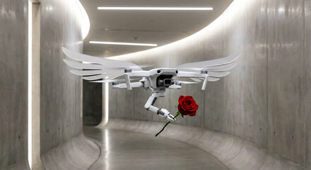 A white drone equipped with feathers and a robotic arm carries a red rose through a concrete corridor.