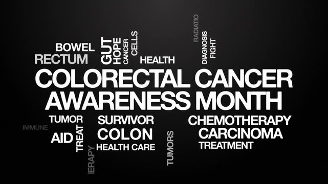 Colorectal Cancer Awareness Month concept Animated Tag Word Cloud kinetic typography, Text Design Animation typography seamless loop video motion graphics Intro wordart white type on black bg