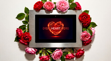 Digital tablet with glowing heart symbol on screen surrounded by red and pink roses on white background.