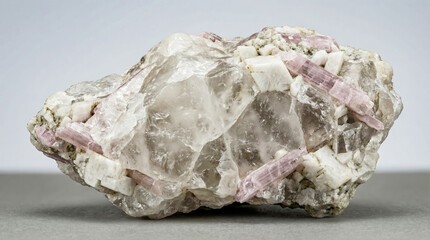 A collectible geological specimen of white pollucite in pegmatite matrix with massive zeolitic crystalline structure in association with albite and pink spodumene (kunzite)