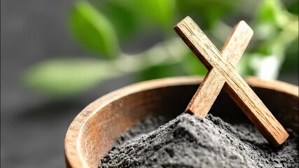 Humble wooden cross rising from dark ash, symbolizing the solemn Christian observance of Ash Wednesday and the beginning of the spiritual Lent period