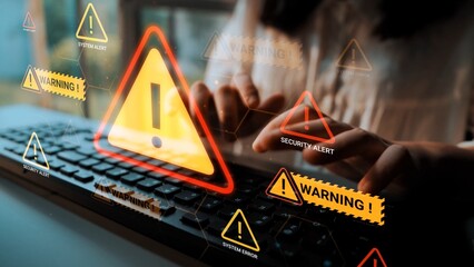 Warning Signs and Security Alerts on Computer Keyboard in Digital Environment with Hands Typing in Background Gluon.