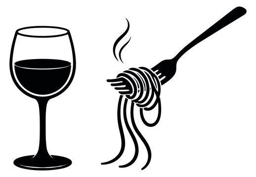 Graphic icon set featuring a glass of wine and spaghetti on a fork for restaurant menu design