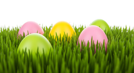 Fototapeta premium Colorful Easter eggs on vibrant green grass close up pink yellow