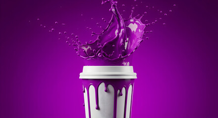 Bright purple liquid paint dramatically splashes upwards from white disposable coffee cup against solid saturated background