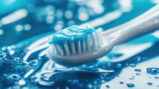 Video A close-up of a toothbrush with blue toothpaste applied, ideal for dental or oral hygiene themes