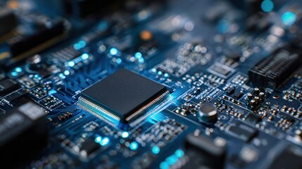 Fototapeta premium Illuminated Circuit Board Close-Up Displaying Complex Microchip Technology