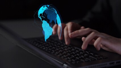 Global network connection visualization showing data exchange, digital link, worldwide communication. Global data flow and digital network infrastructure connecting regions around the world. Thunk