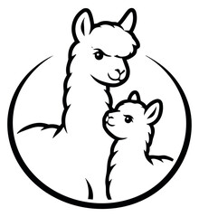 Obraz premium Line art illustration of a mother and baby alpaca depicting a family bond for farm animal themes