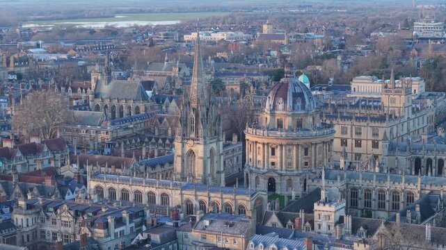 Panoramic aerial view of Oxford university cityscape with iconic historic buildings
