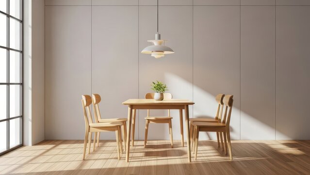 a dining room with a table and chairs and a light
