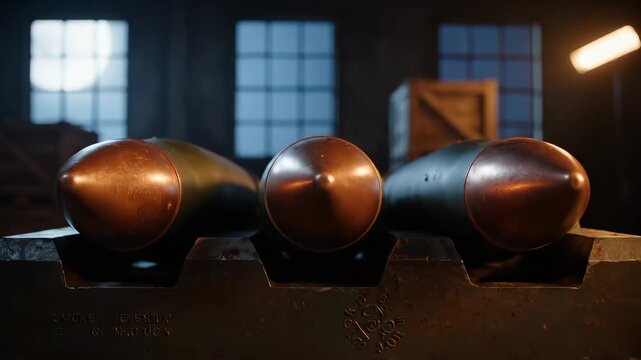 Artillery shells rest on wooden rack in military warehouse factory. Large ammunition rounds stored in defense facility. Artillery shells on rack in warehouse. Military ammunition in factory storage.