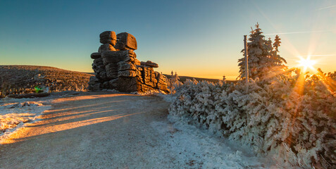 Three Pigs Rock Formation on Mountain Trail in Karkonosze Mountains,Lower Silesia Poland.	