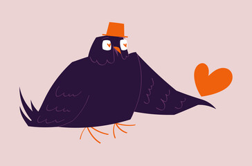 Cute vector illustration of a romantic bird with heart eyes and small hat on soft background. Perfect for Valentine's Day cards, love messages, stickers, posters and social media designs