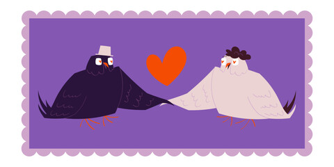 Cute vector illustration of two romantic birds touching wings with heart symbol. Perfect for Valentine's Day cards, love posters, greeting designs, stickers and social media content