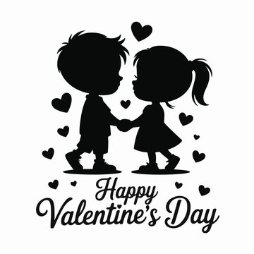 Happy Valentine&rsquo;s Day Cute Kids Couple Holding Hands with Hearts &ndash; Silhouette Vector