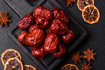 Red dried dates, the Chinese sweet fruit jujube, as a healthy food. Red dates, jujube