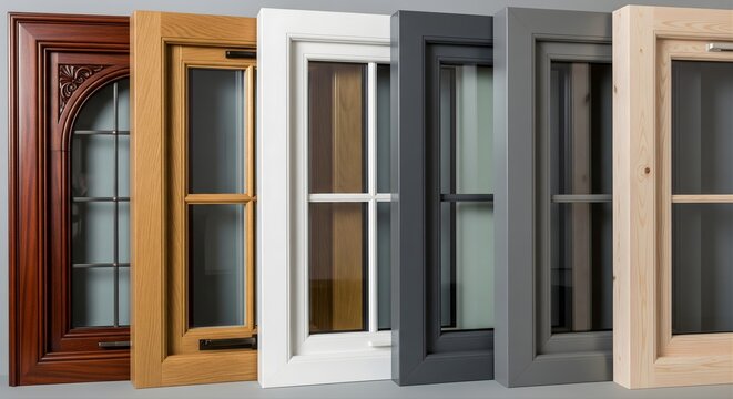 Collection of modern window frames in various materials and colors showing wood vinyl white gray and black finishes with glass panes and detailed designs for home renovation