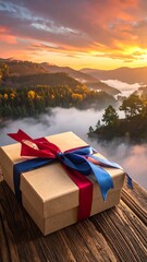 A gift box with a blue/red ribbon on a wooden surface, overlooking misty mountains at sunset