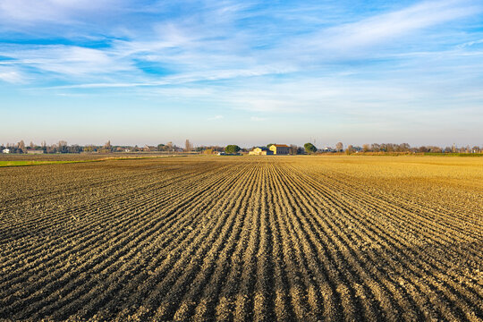 Agriculture in Emilia Romagna, prepared, elaborated earth in winter time,  near Ravenna, Italy.