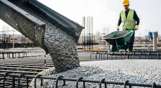 Close up of concrete being poured from mixer truck chute onto steel reinforcement bars at construction site with worker pushing wheelbarrow in background skilled labor