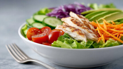 Fresh vegetable salad bowl with grilled chicken for a healthy and colorful lunch or meal
