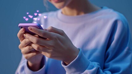 Person holding a smartphone while interacting with social media. Colorful hearts appear above the device, showing engagement and connection. The scene conveys digital communication. - Powered by Adobe