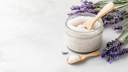 Natural salt scrub exfoliation with lavender for spa body treatment