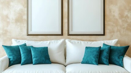 The living room is modern and inviting, featuring a plush white sofa adorned with colorful accent pillows against a textured wall backdrop.