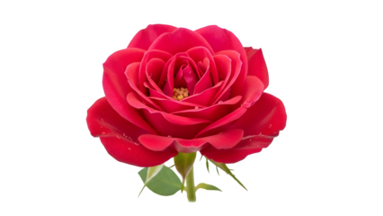 Vibrant red rose bloom with stem and leaves isolated on transparent background