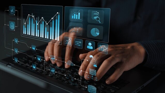 Data flow from database and cloud to processing and analytics dashboards, representing data analysis, automation, insight generation, and digital intelligence Marrow - Powered by Adobe