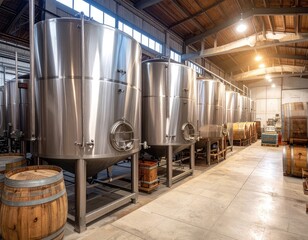 Stainless steel fermentation tanks and wooden barrels line a spacious brewery production floor.