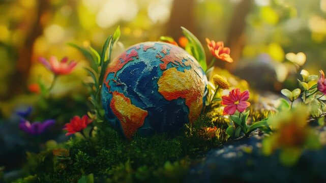 Vibrant Earth ball among flowers