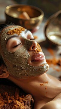 A woman relaxes with a natural clay and spice facial mask in a spa setting.