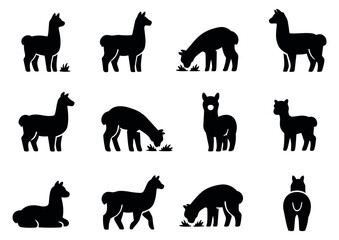 Obraz premium Simple silhouette llama icon set featuring llamas in various poses for design projects