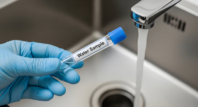 Gloved hand holding a water sample test tube near arunning faucet, highlighting tap water analysis for safety and quality in a controlled environment with stainless steel sink and scientific procedure