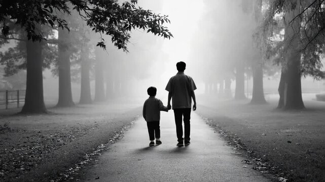 Video A father and son walking together on a scenic path