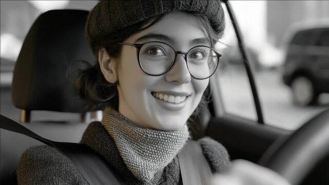 Happy woman in glasses smiling at camera from car, implying she enjoys driving and the journey.