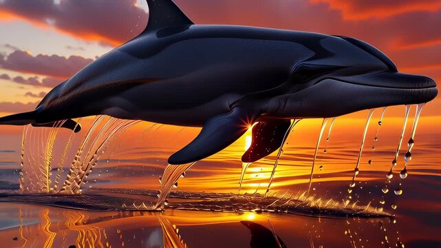 Majestic black dolphin leaping from reflective ocean water during a dramatic orange sunset in a cinematic 3D animation, illustrating freedom and marine life concepts.