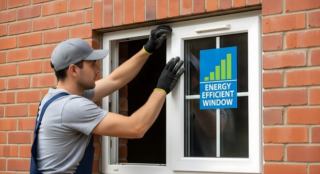 Professional installer is fitting new energy efficient window into brick wall of home or building showing label with green graph indicating savings and reduced costs