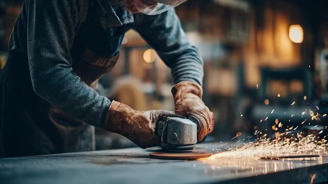 Medium shot of a worker manually smoothing rough casting surfaces using a handheld surface grinder in an industrial workshop setting.
